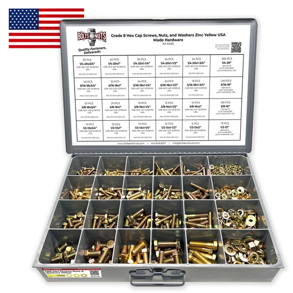 Boltsandnuts.Com Inch Grade 8 Hex Cap Screws, Nuts, and Washers Zinc Yellow USA Made Hardware - 1269 PCS Assortment Kit #482 - main